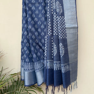 Pleats detail of scattered sun buti hand block print on indigo cotton silk – Manah by The Thread Weavers