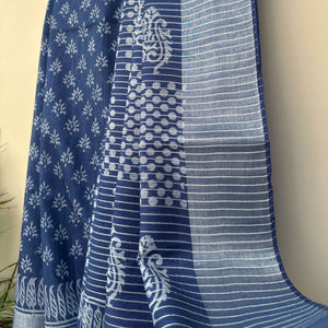 Peacock motif pallu with diagonal polka dot lattice border on indigo cotton silk – Manah by The Thread Weavers