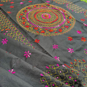 Contemporary black embroidered saree showcasing Kantha stitch artistry in pink, orange and red threadwork.