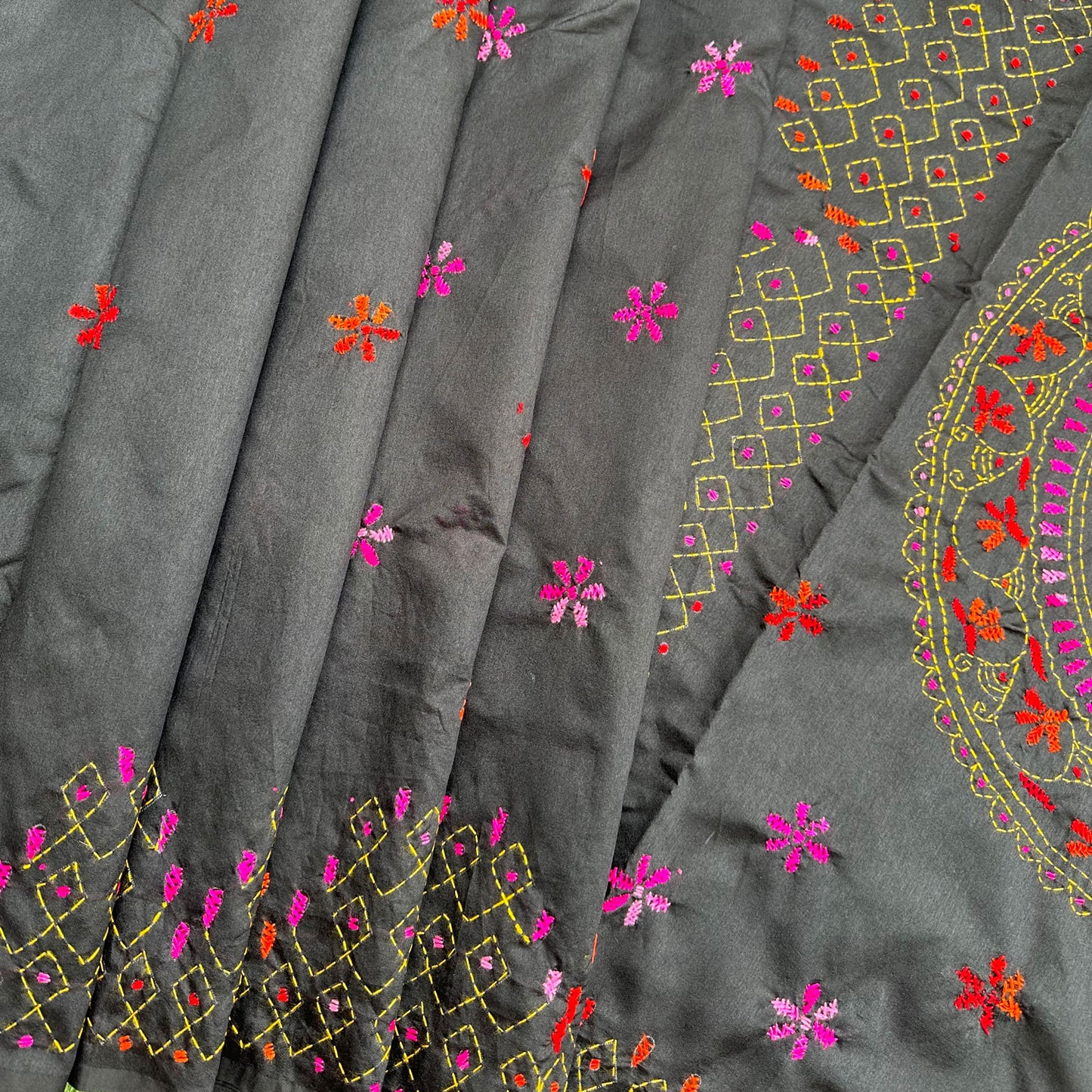 Artisan-made Kantha embroidered saree with statement mandala motif and geometric hand-stitched borders.