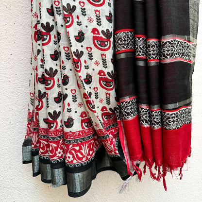 Midnight Aurora Printed Organic Linen Saree