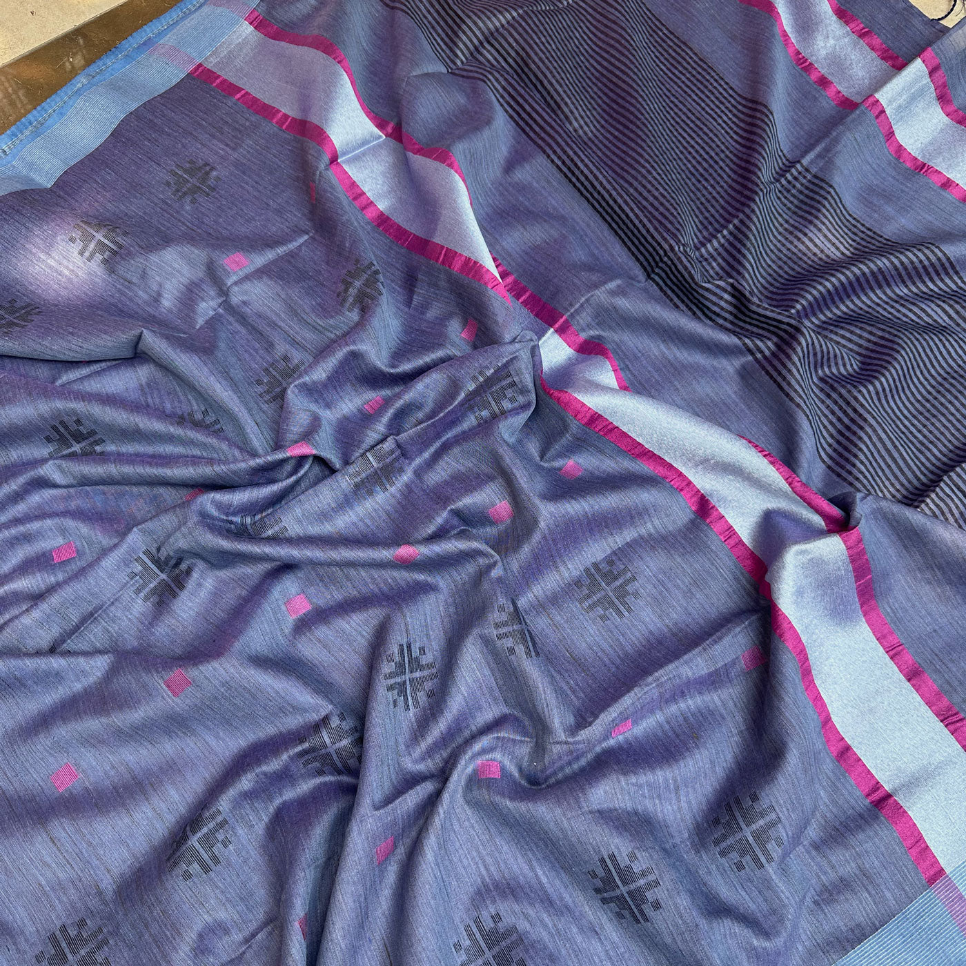 Midnight Blue Cotton Bamboo Silk Saree