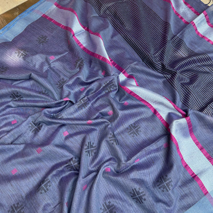 Midnight Blue Cotton Bamboo Silk Saree