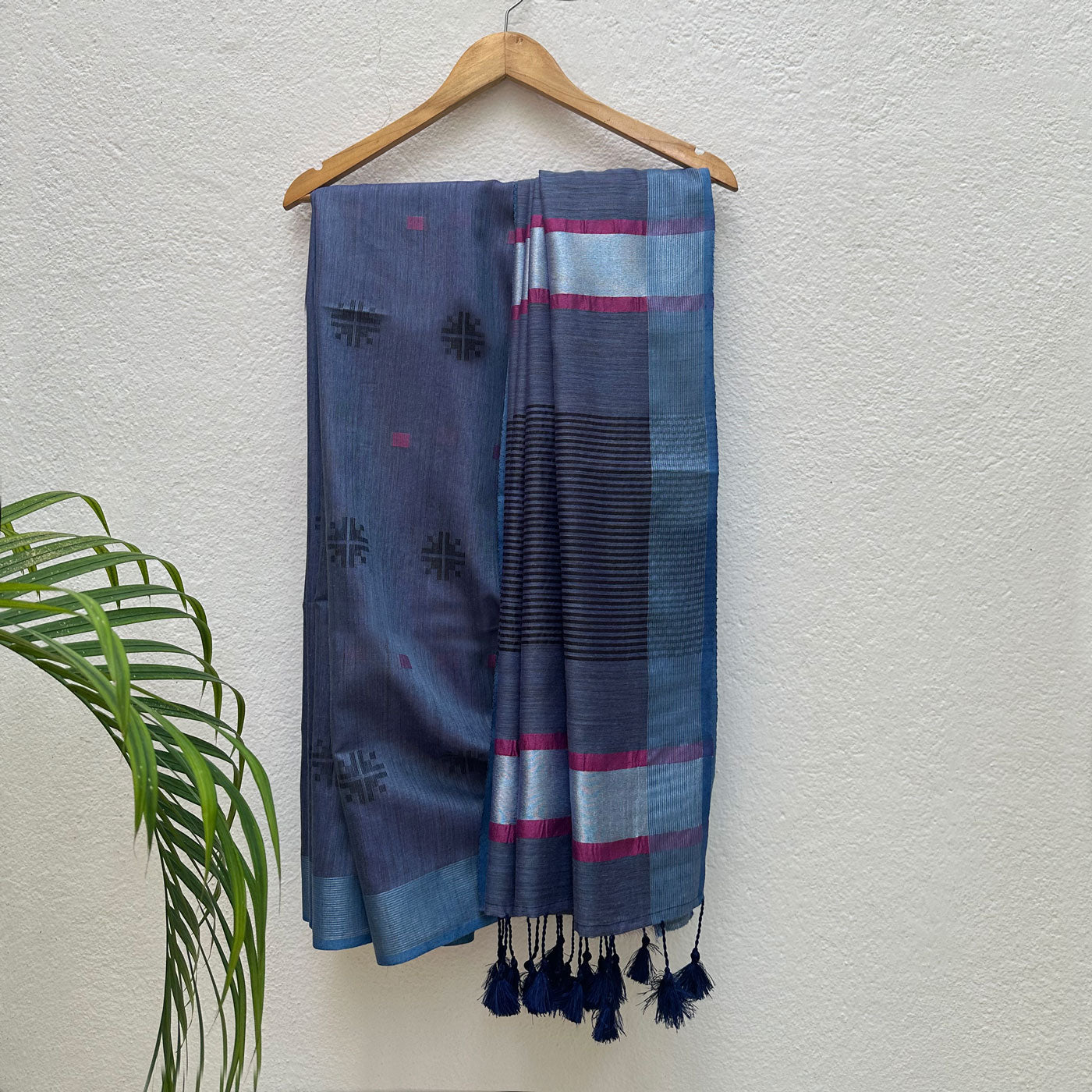 Midnight Blue Cotton Bamboo Silk Saree