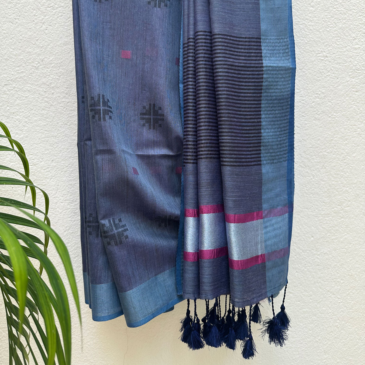 Midnight Blue Cotton Bamboo Silk Saree