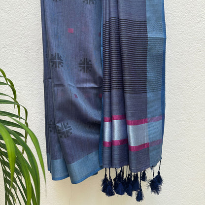 Midnight Blue Cotton Bamboo Silk Saree