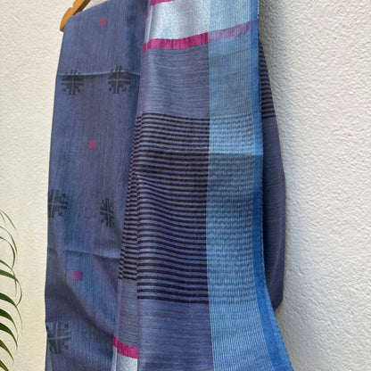 Midnight Blue Cotton Bamboo Silk Saree