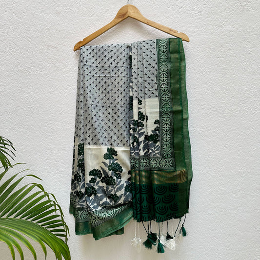 Mint Green Handblock Cotton Viscose Silk Saree
