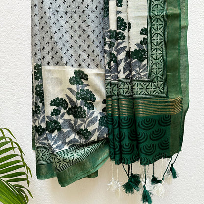Mint Green Handblock Cotton Viscose Silk Saree