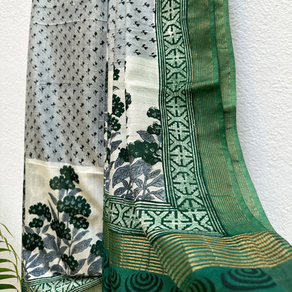 Mint Green Handblock Cotton Viscose Silk Saree