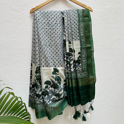Mint Green Handblock Cotton Viscose Silk Saree