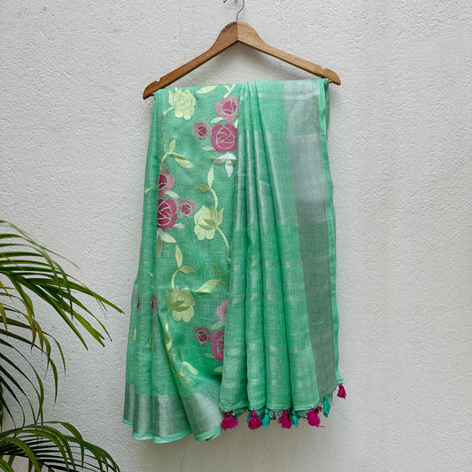 Minty Hues Linen Embroidered Saree