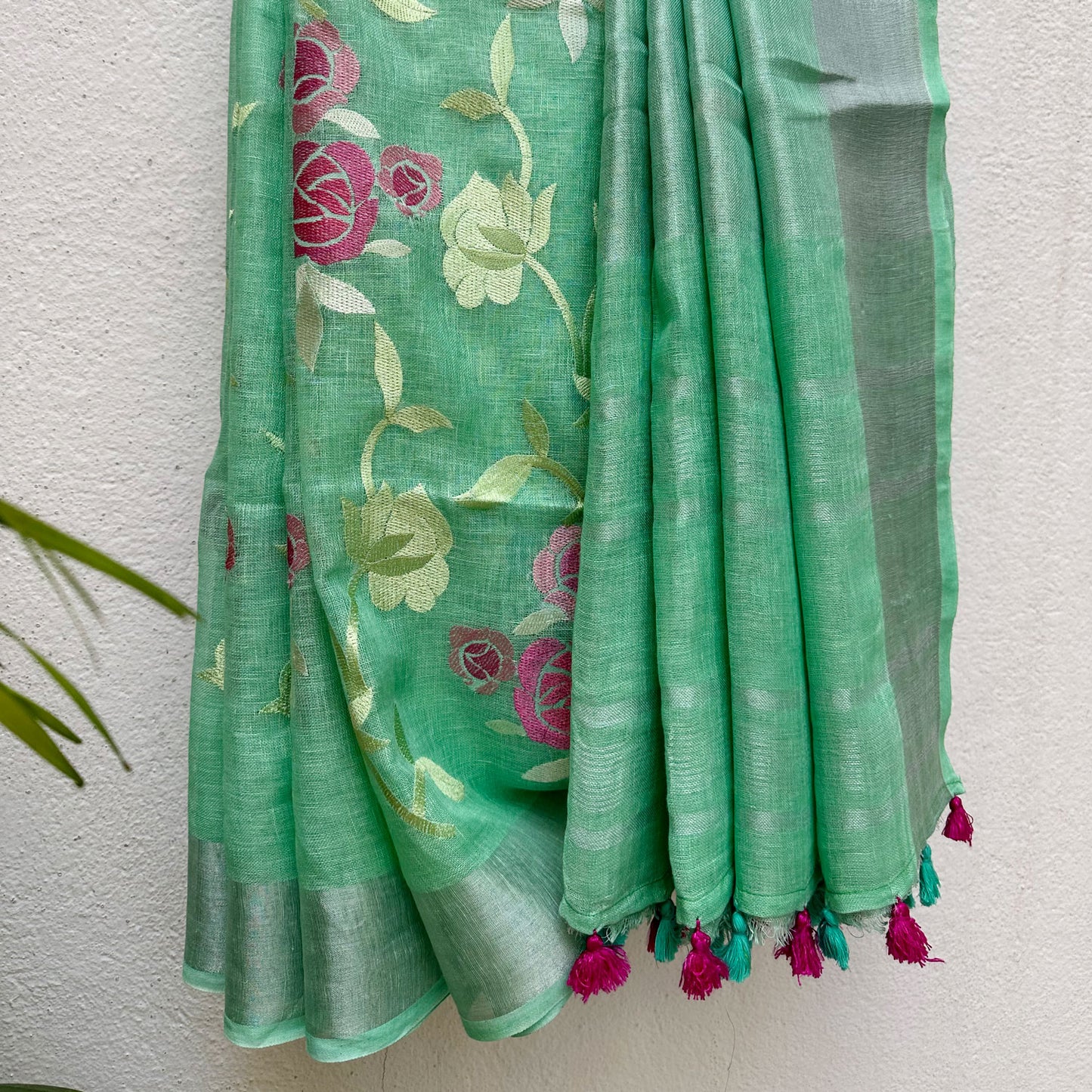 Minty Hues Linen Embroidered Saree