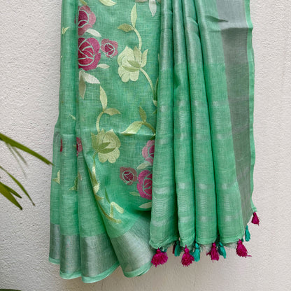 Minty Hues Linen Embroidered Saree