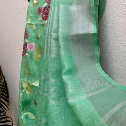Minty Hues Linen Embroidered Saree