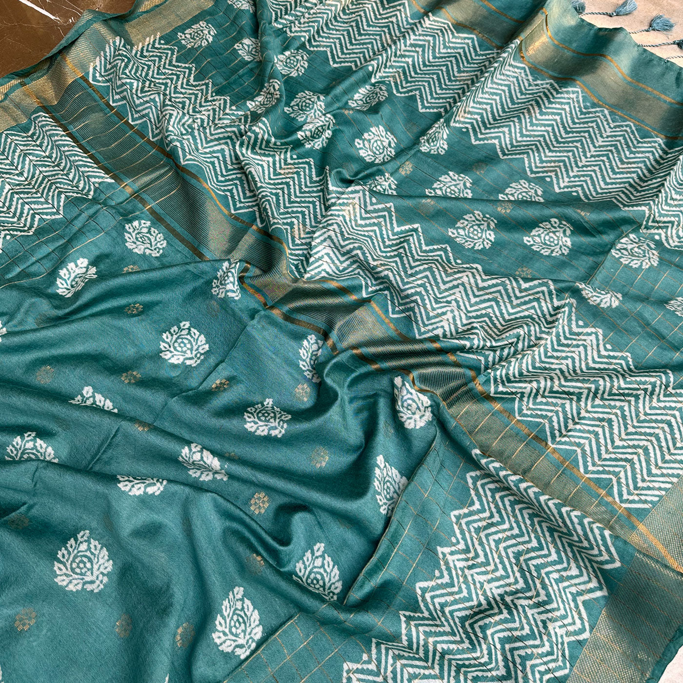 Mogra Handblock Printed Cotton Silk Saree