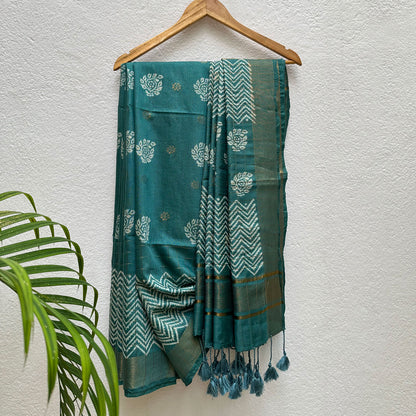 Mogra Handblock Printed Cotton Silk Saree