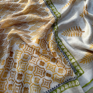 Morning Dew Handblock Printed Pure Linen Saree