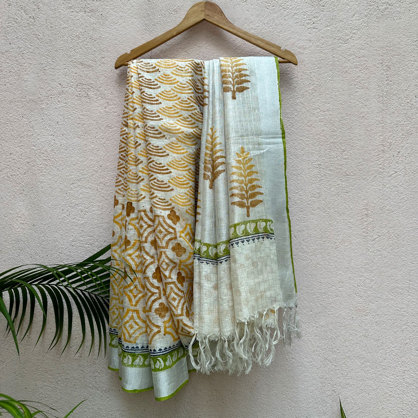 Morning Dew Handblock Printed Pure Linen Saree