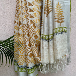 Morning Dew Handblock Printed Pure Linen Saree