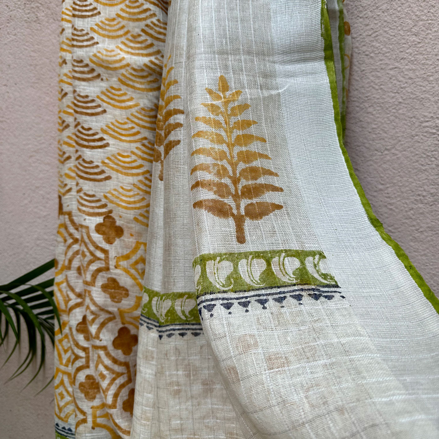 Morning Dew Handblock Printed Pure Linen Saree