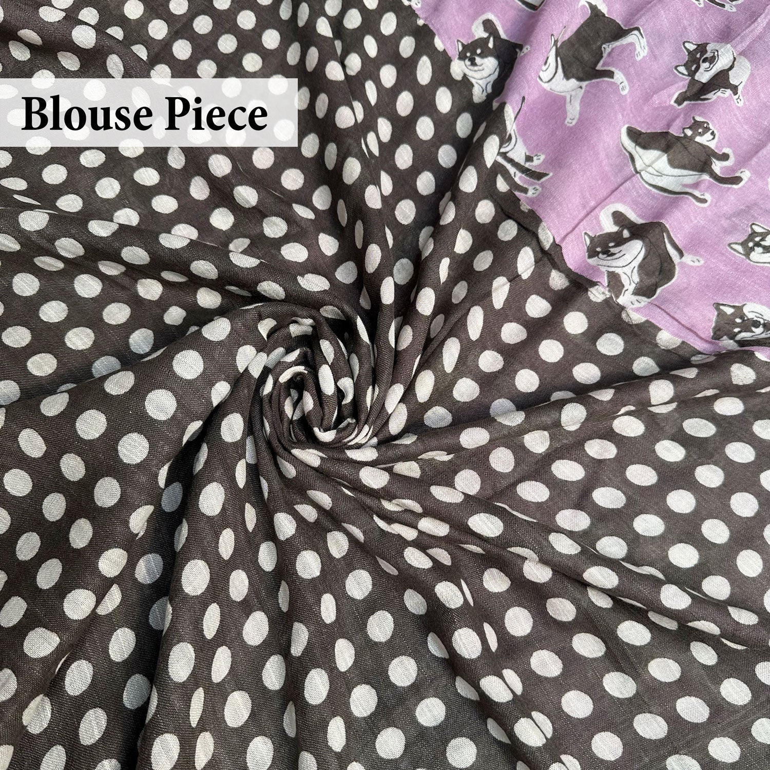 Much Wow lavender cotton Shiba Inu dog print saree withdark charcoal polka printed blouse, Zoomies Collection