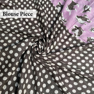 Much Wow lavender cotton Shiba Inu dog print saree withdark charcoal polka printed blouse, Zoomies Collection