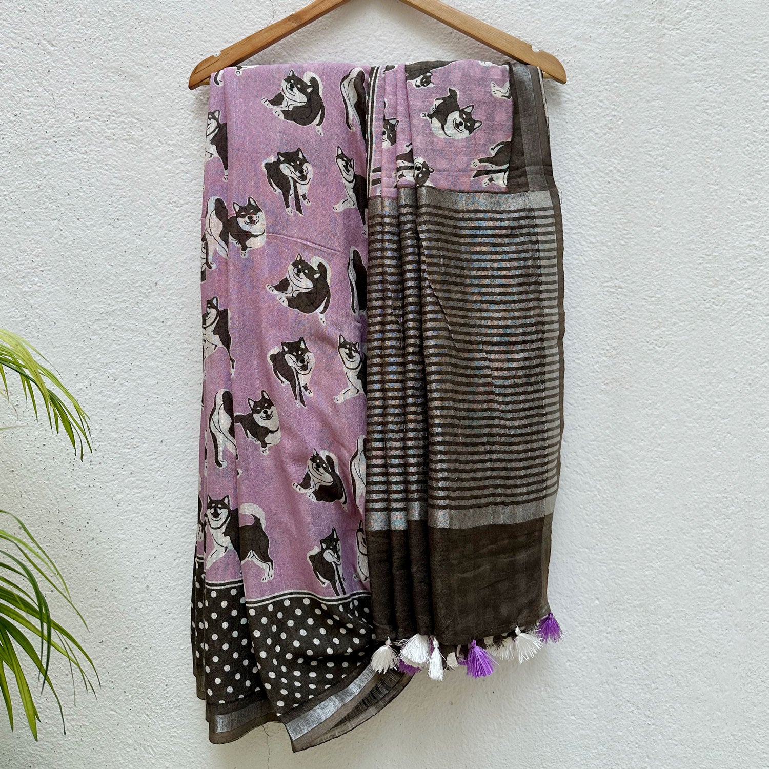Much Wow lavender cotton Shiba Inu dog print saree with charcoal print, polka dot border and dark charcoal zari pallu, Zoomies Collection
