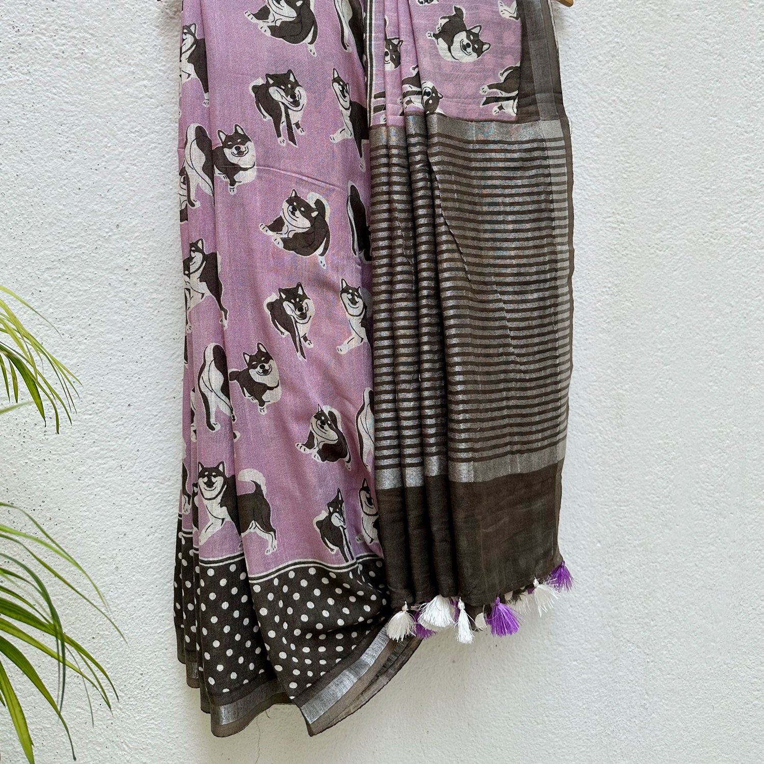 Much Wow lavender cotton Shiba Inu dog print saree with charcoal print, polka dot border and dark charcoal zari pallu, Zoomies Collection