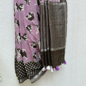 Much Wow lavender cotton Shiba Inu dog print saree with charcoal print, polka dot border and dark charcoal zari pallu, Zoomies Collection