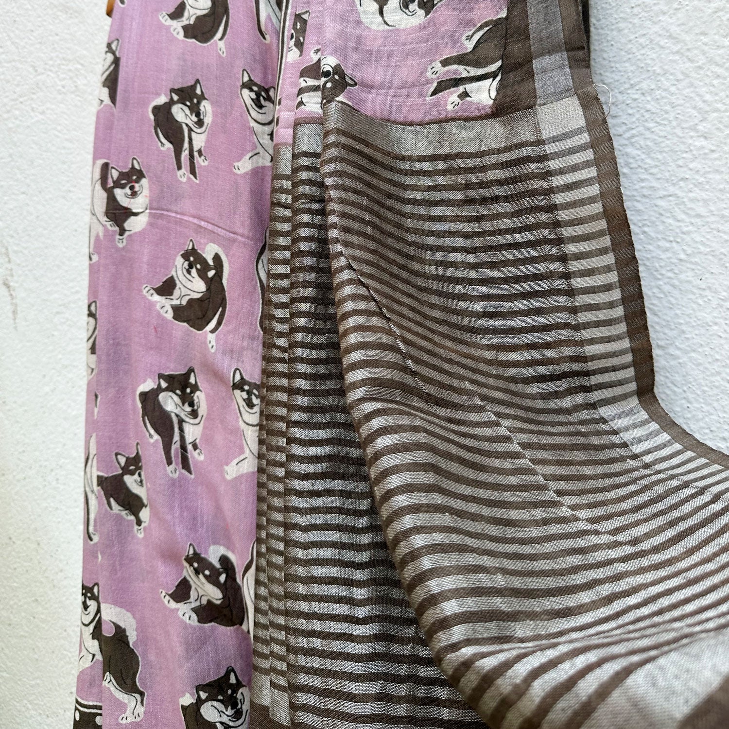 Much Wow lavender cotton Shiba Inu dog print saree with charcoal print, polka dot border and dark charcoal zari pallu, Zoomies Collection