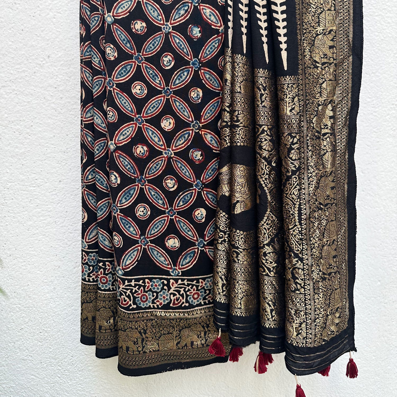 Naayab Handblock Printed Ajrakh Modal Silk Saree