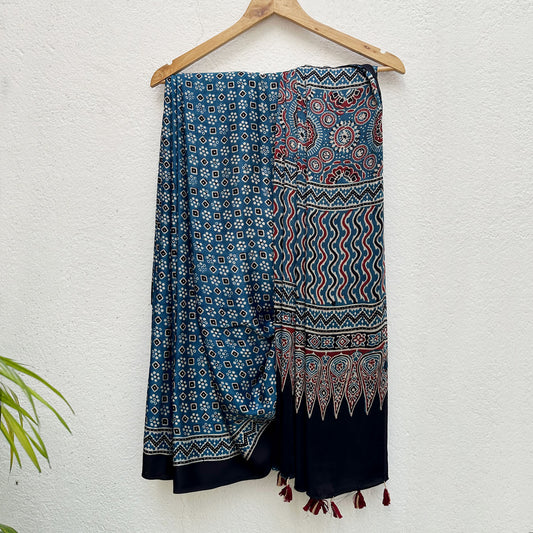 Neel Taara Handblock Printed Ajrakh Modal Silk Saree