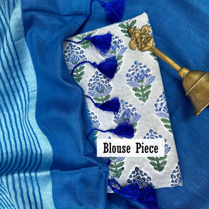 Neela Aasmaan Cotton Saree with Printed Blouse