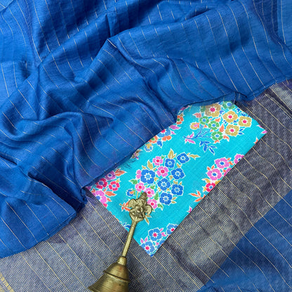 Neela Aasmaan Cotton Silk Saree with Printed Blouse