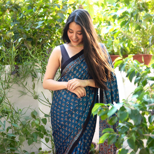 Neeraj Handblock Printed Ajrakh Modal Silk Saree
