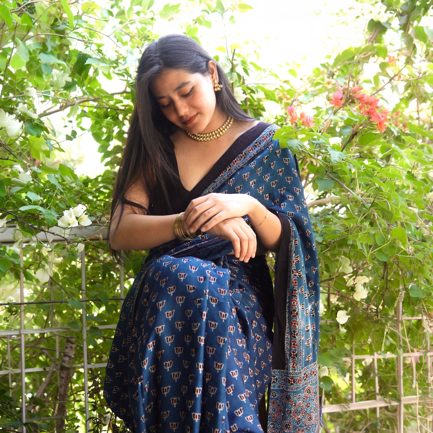 Neeraj Handblock Printed Ajrakh Modal Silk Saree