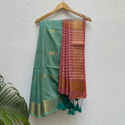 Neptune Green Cotton Bamboo Silk Saree