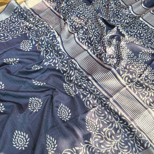 Nergis Indigo Hand Block Cotton Cotton Silk Saree