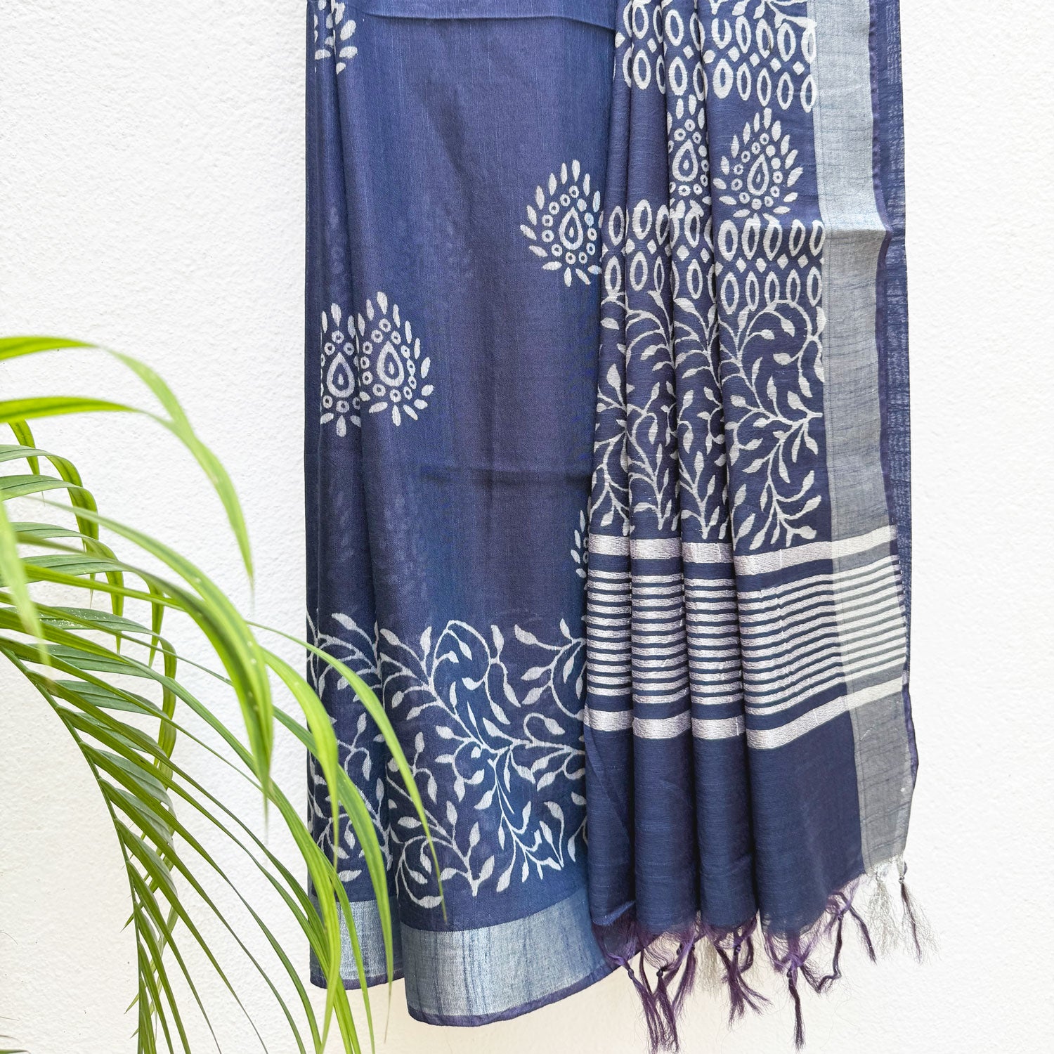 Nergis Indigo Hand Block Cotton Cotton Silk Saree