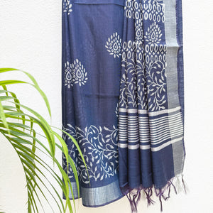 Nergis Indigo Hand Block Cotton Cotton Silk Saree