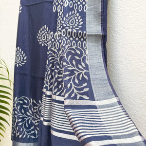 Nergis Indigo Hand Block Cotton Cotton Silk Saree