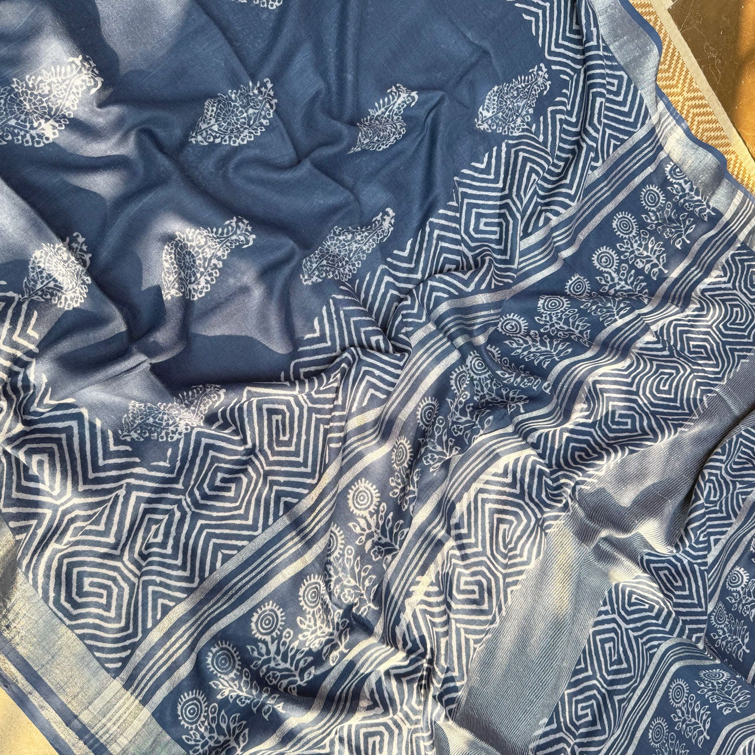 Nitya Indigo Hand Block Cotton Linen Saree
