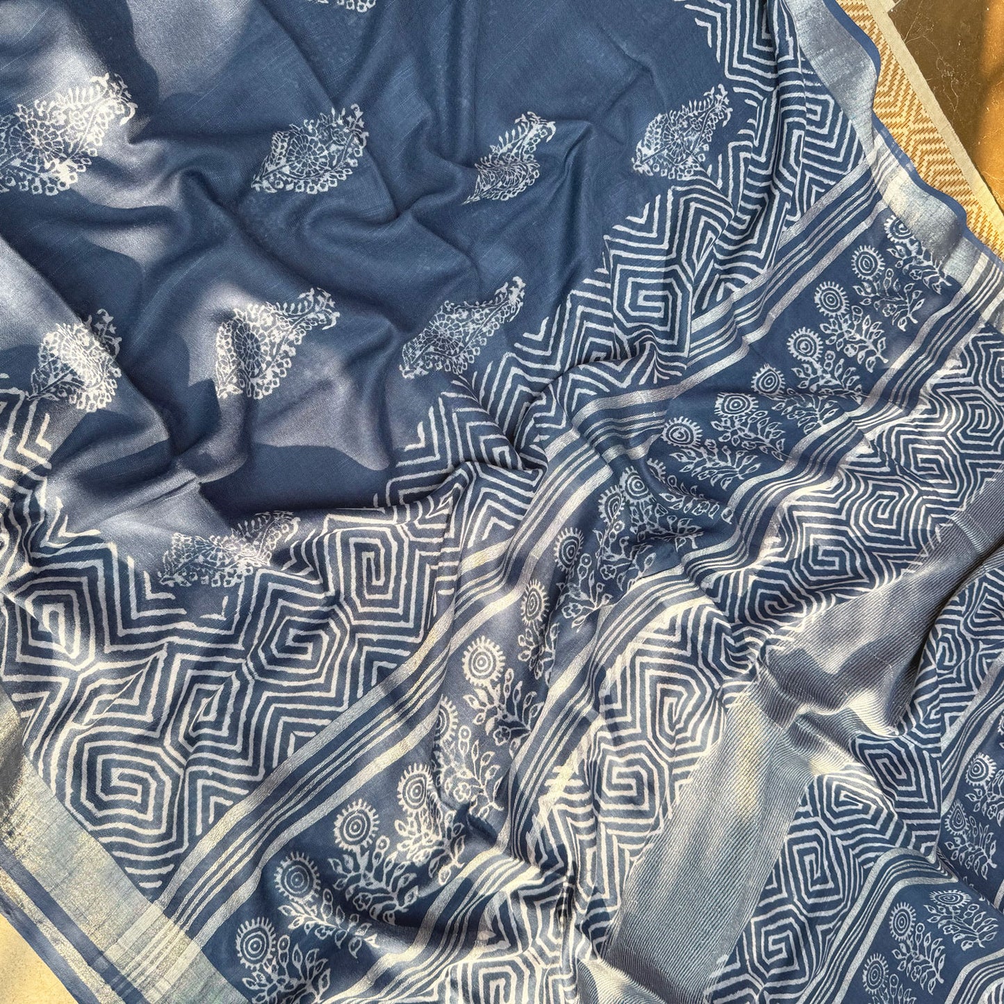 Nitya Indigo Hand Block Cotton Linen Saree