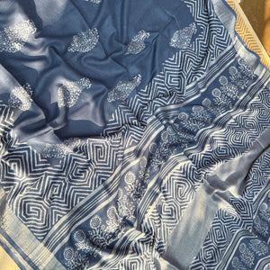 Nitya Indigo Hand Block Cotton Linen Saree