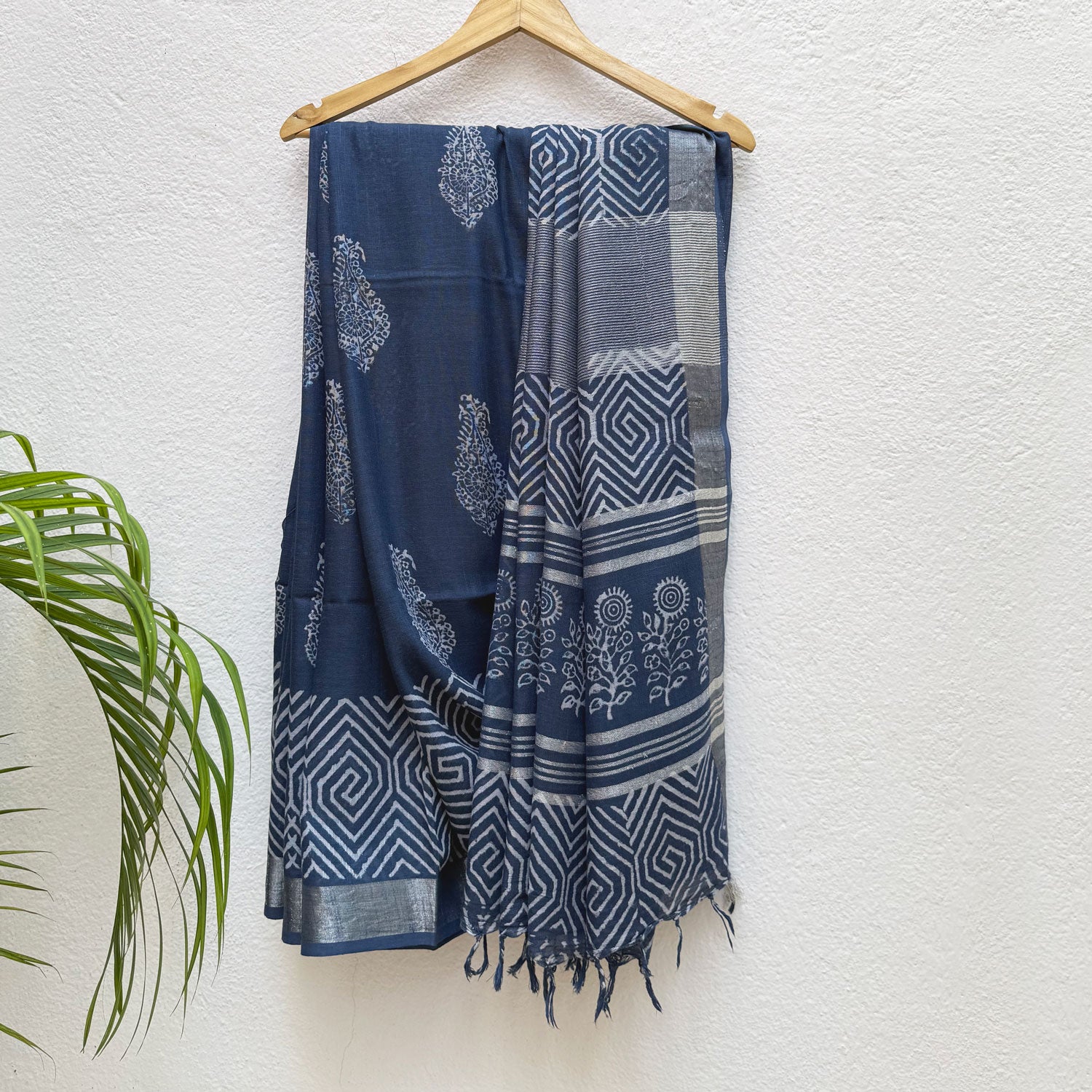 Nitya Indigo Hand Block Cotton Linen Saree