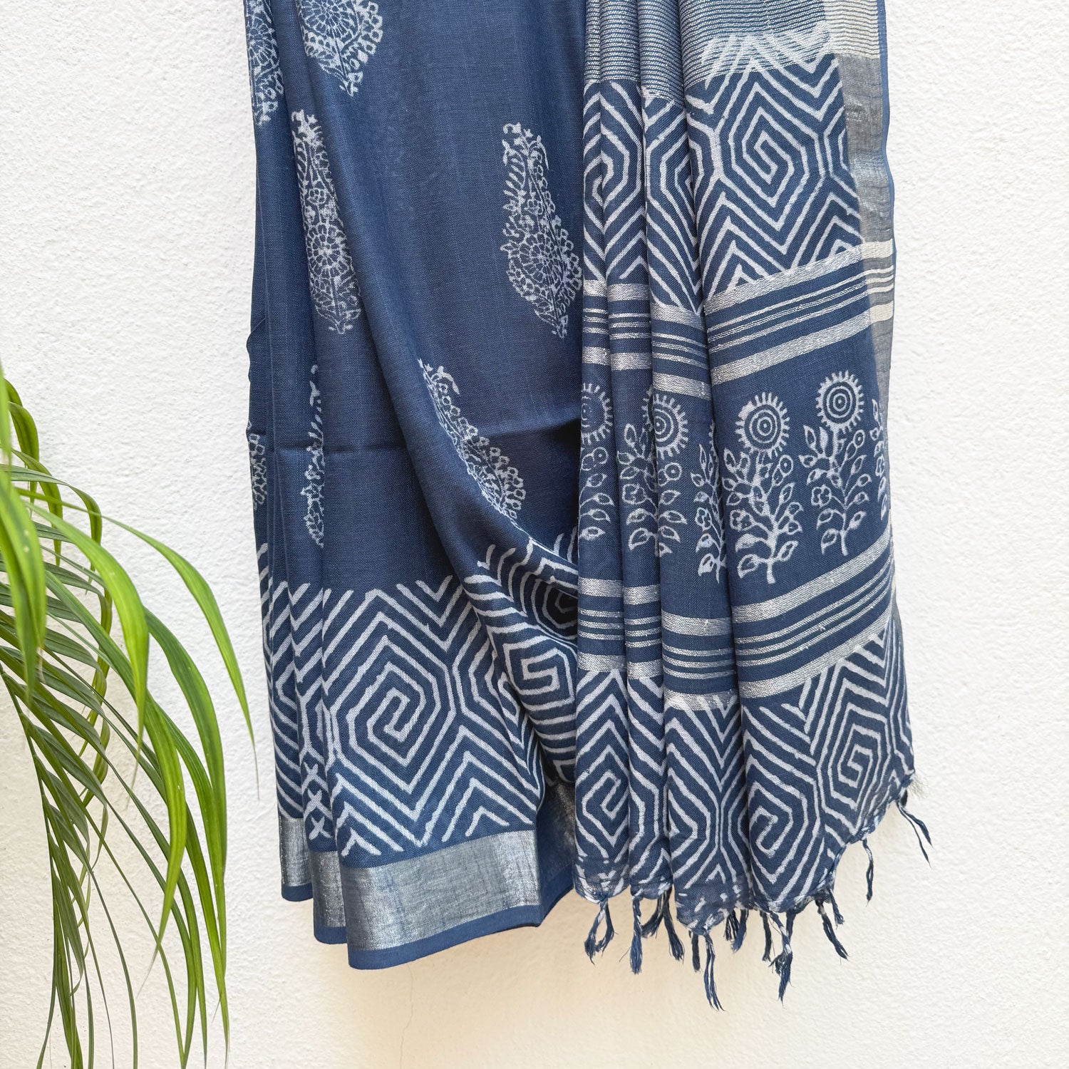 Nitya Indigo Hand Block Cotton Linen Saree