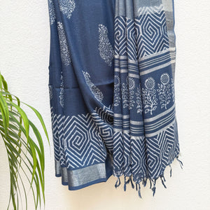 Nitya Indigo Hand Block Cotton Linen Saree