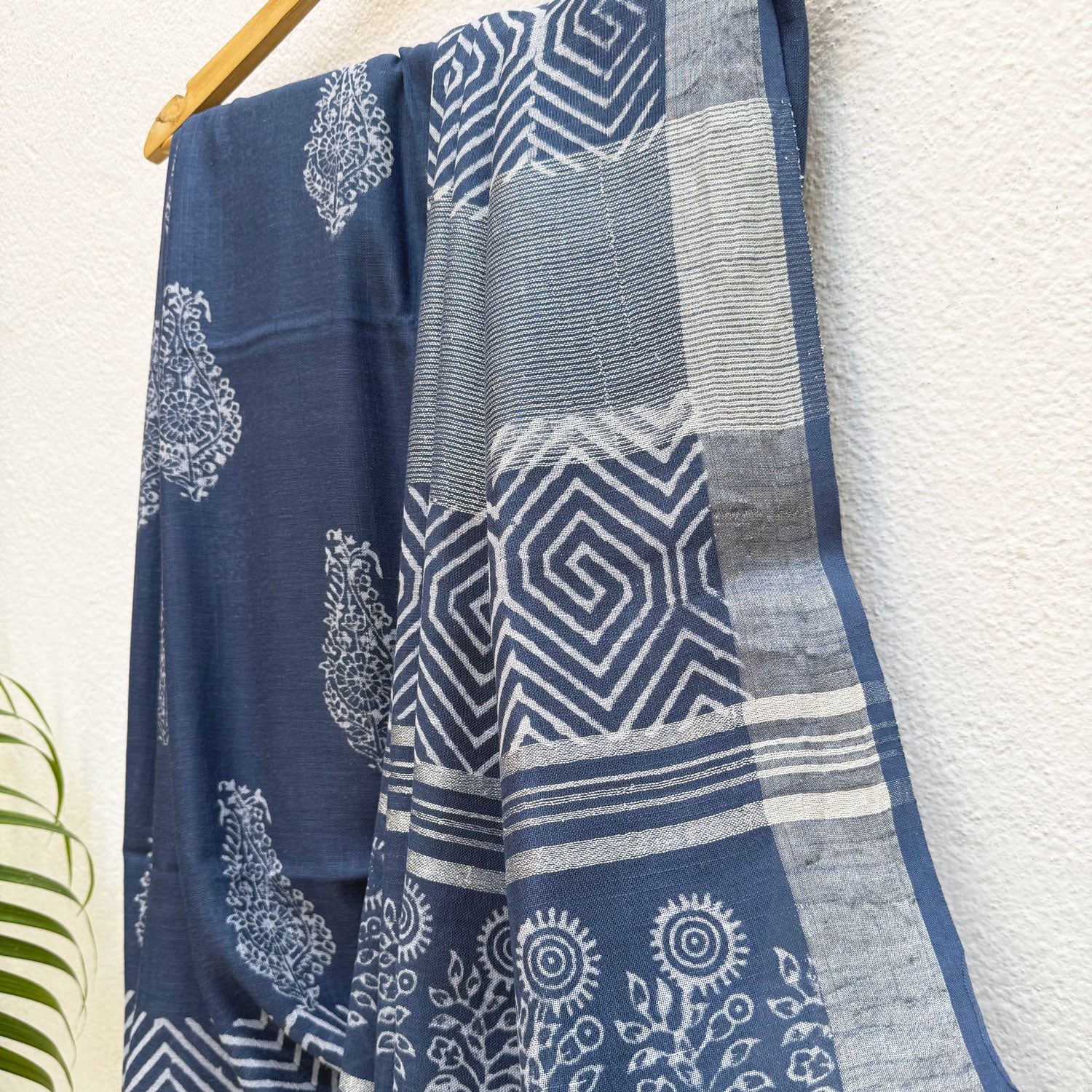 Nitya Indigo Hand Block Cotton Linen Saree