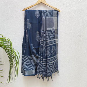 Nitya Indigo Hand Block Cotton Linen Saree